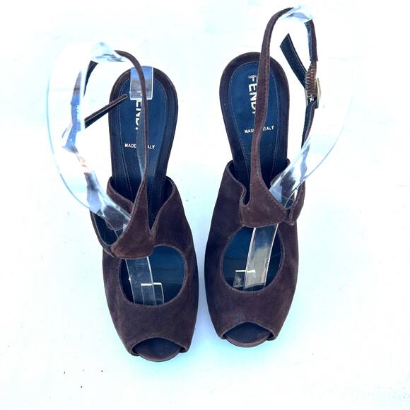 Vintage Y2K Fendi Chocolate Brown Suede Platform Peep Toe Heels 6.5 Pumps 36.5 - Picture 5 of 9